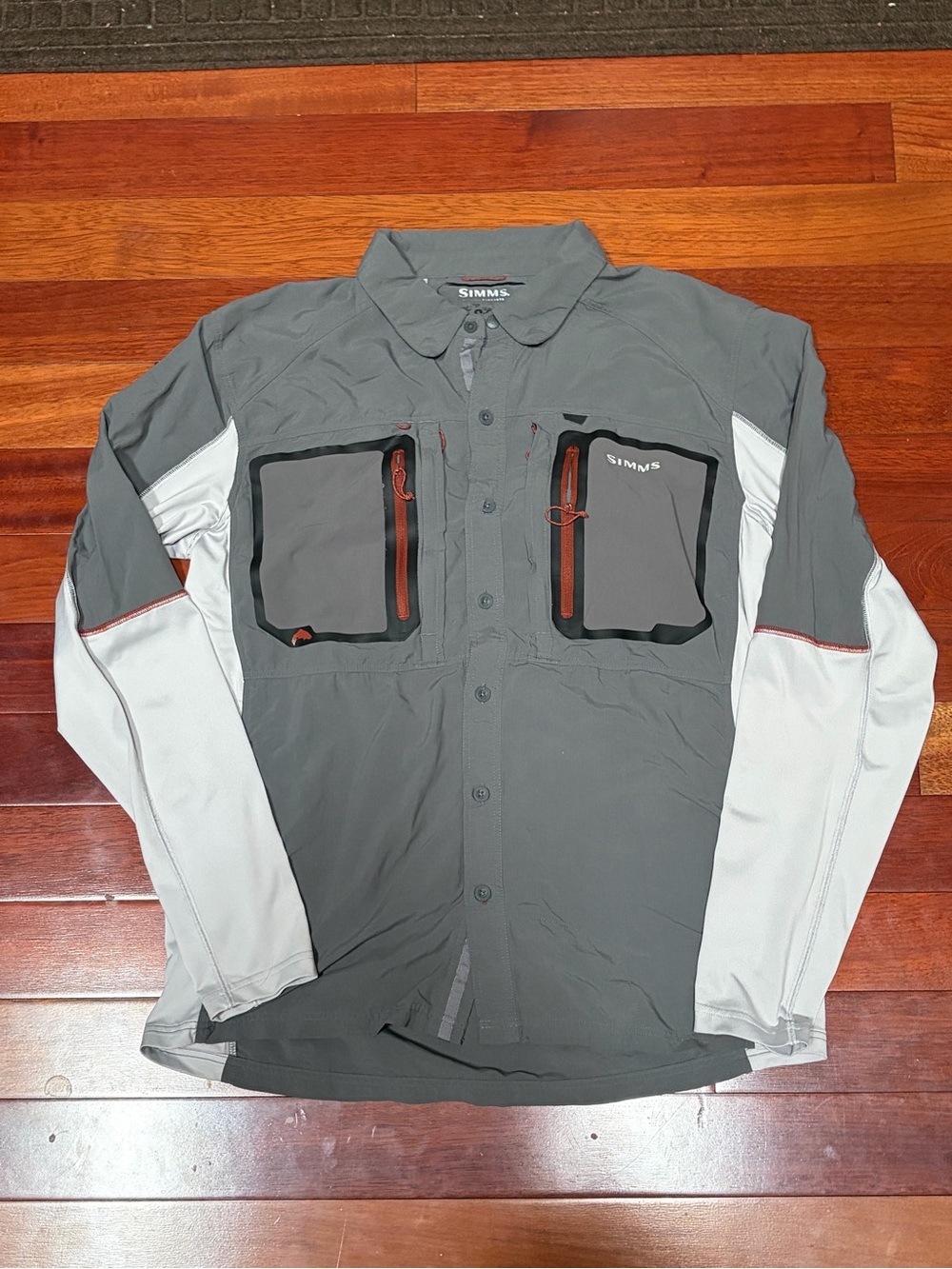 Simms Gray and Light Gray Fishing Shirt with Orange Accents